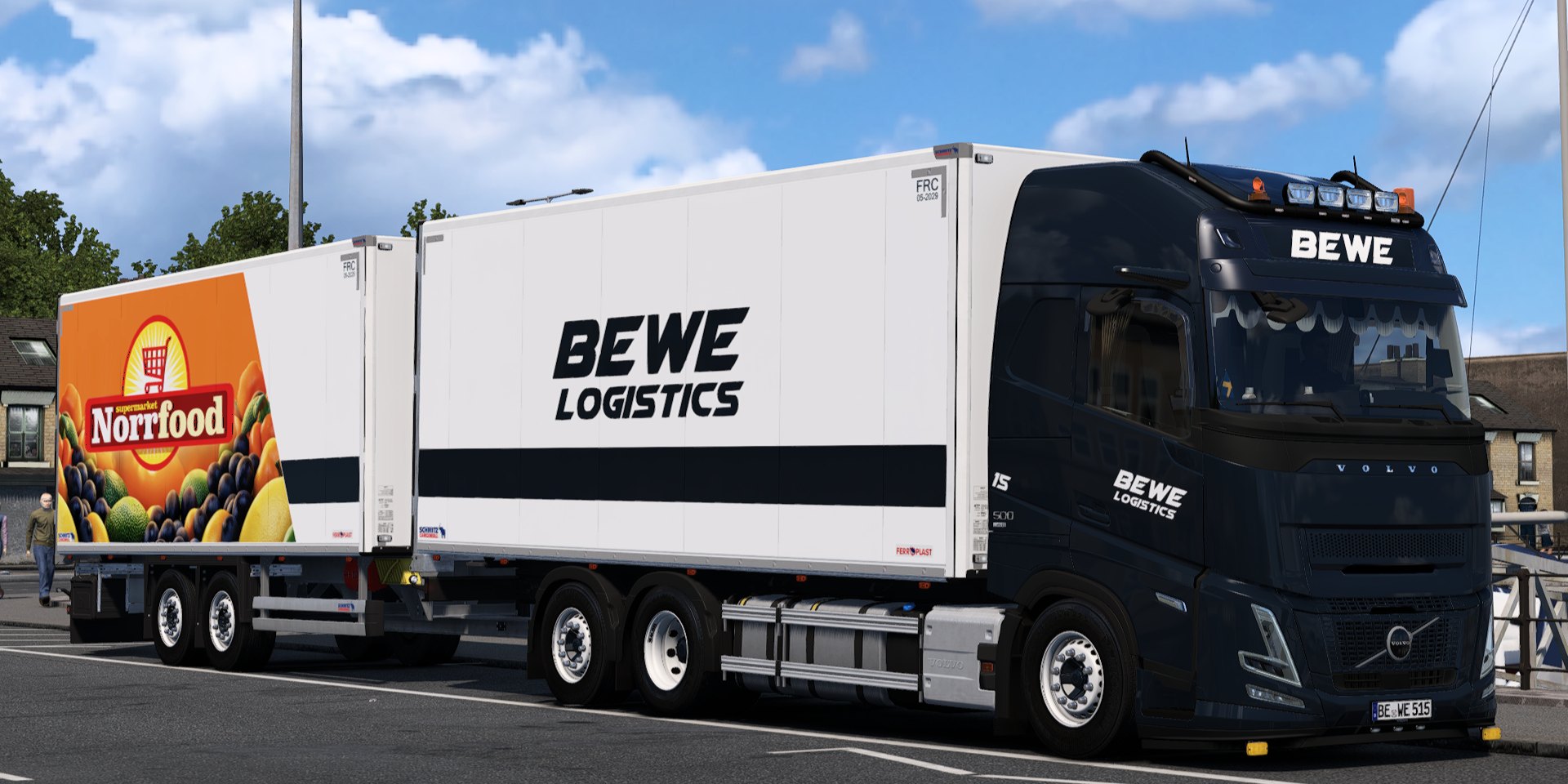Dunkelblauer BeWe Logistics Scania mit weißen Kühlaufliegern aus dem Truck Simulator